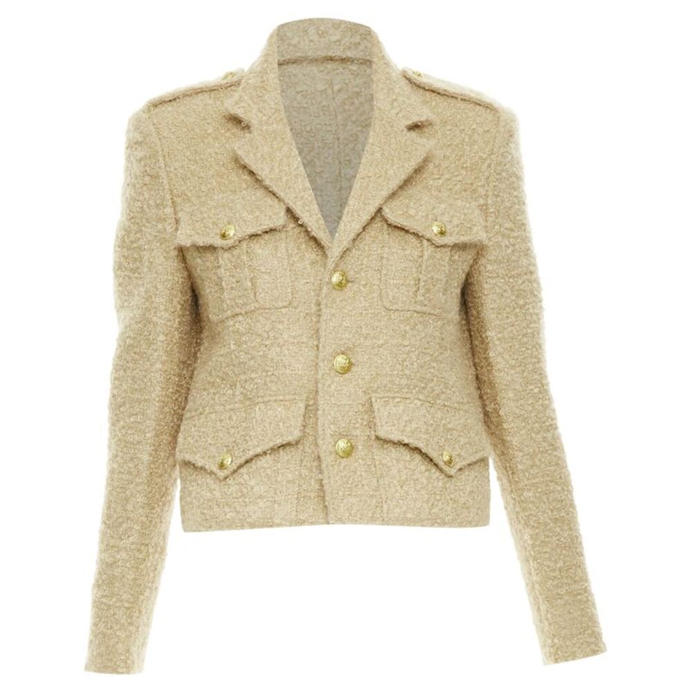 Celine 2023 Chasseur Beige Mohair Boucle Crop Jacket